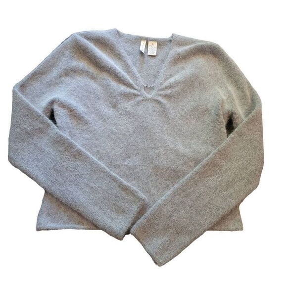 Vintage Sweater Women's Large Grey Y2K 1990s Angora Wool Fuzzy Heart Neck - Picture 1 of 4